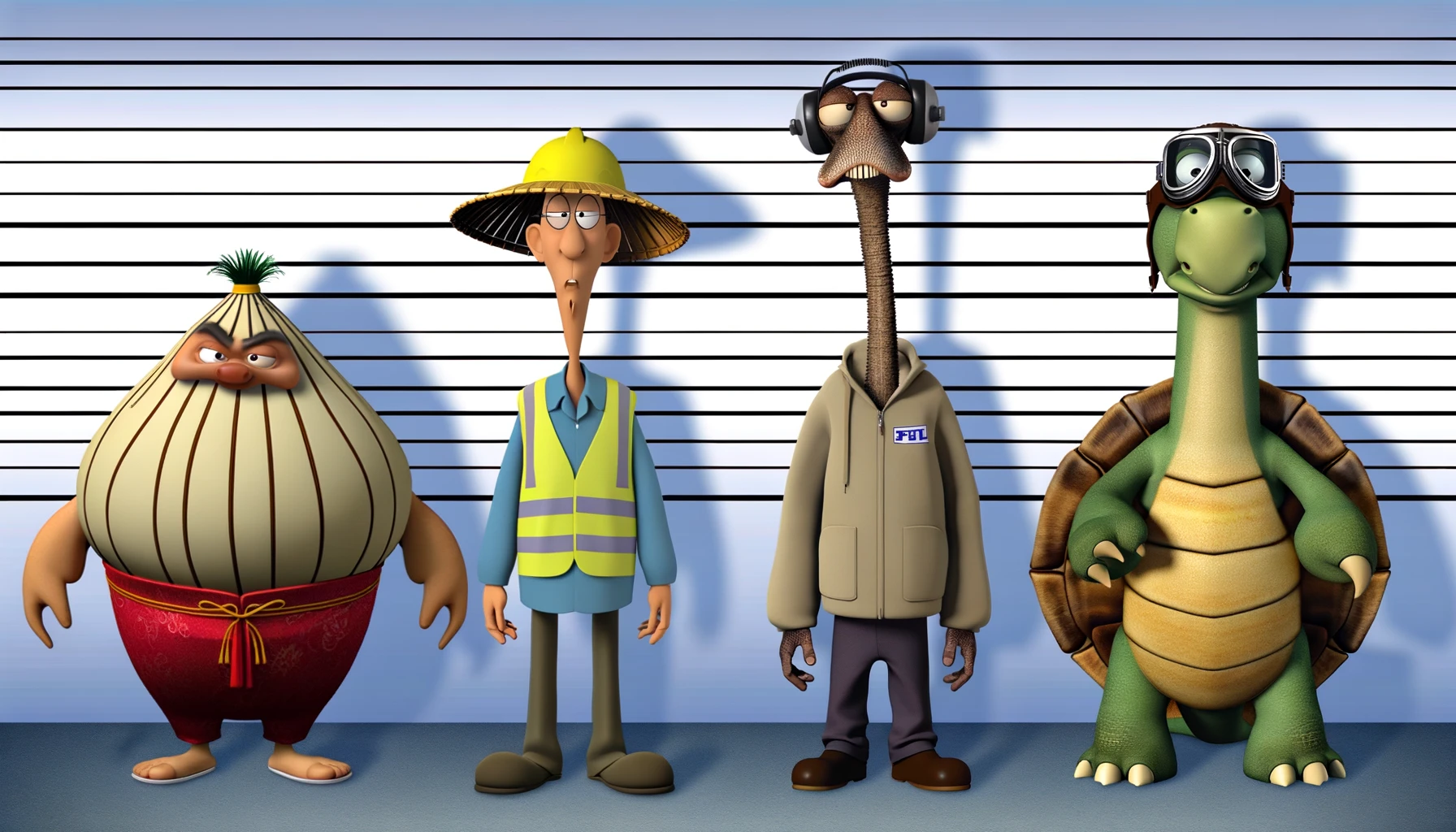 A suspect lineup featuring an anthropomorphic Chinese dumpling, a cartoon brontosaurus, a construction worker in hi-viz, and a turtle wearing flight goggles