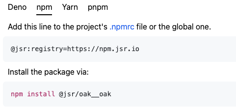 Installation instructions for oak on npm