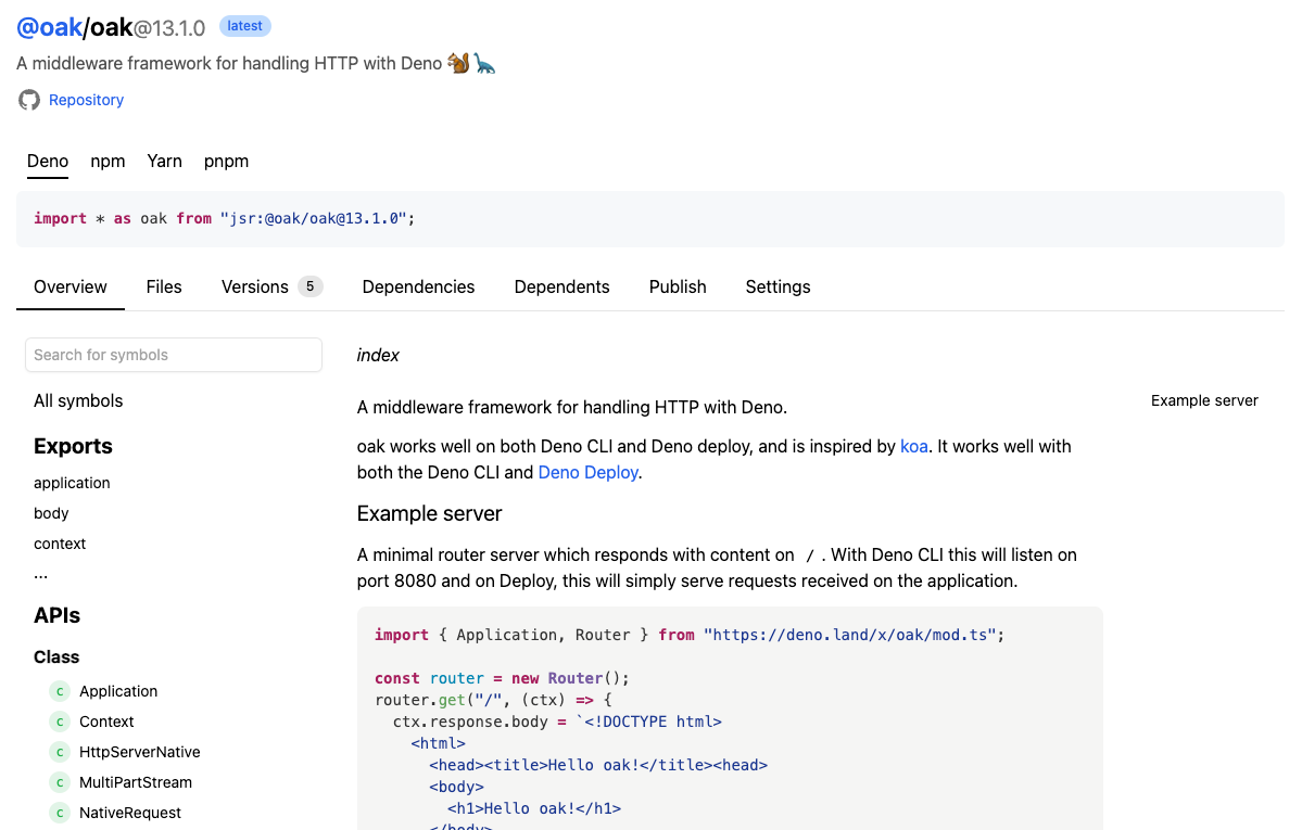 Screenshot of the landing page for the oak package on jsr.io